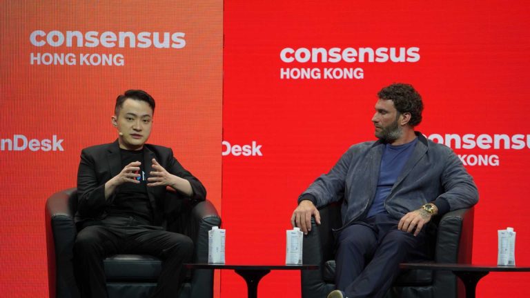 Justin Sun (left) and World Liberty Financial's Zak Folkman speak at Consensus Hong Kong on Feb. 19. (Nikhilesh De/CoinDesk)