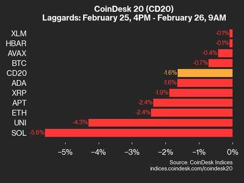 9am CoinDesk 20 Update for 2025-02-26: laggards chart