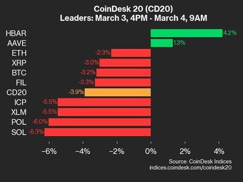 9am CoinDesk 20 Update for 2025-03-04: leaders chart