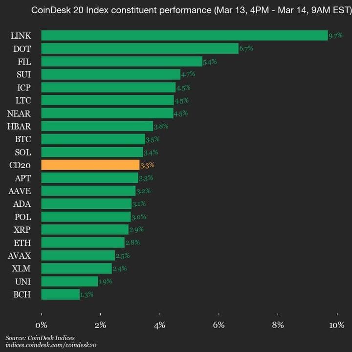 9am CoinDesk 20 Update for 2025-03-14: leaders chart