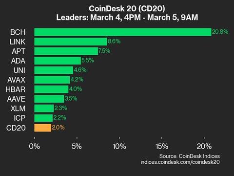 9am CoinDesk 20 Update for 2025-03-05: leaders chart